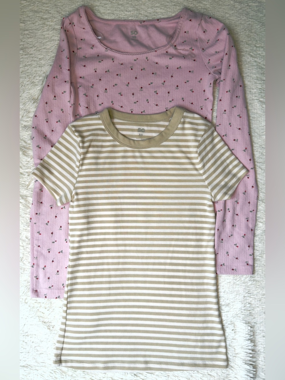 SO Pink Floral Long Sleeve & Cream Striped Short Sleeve Top Set